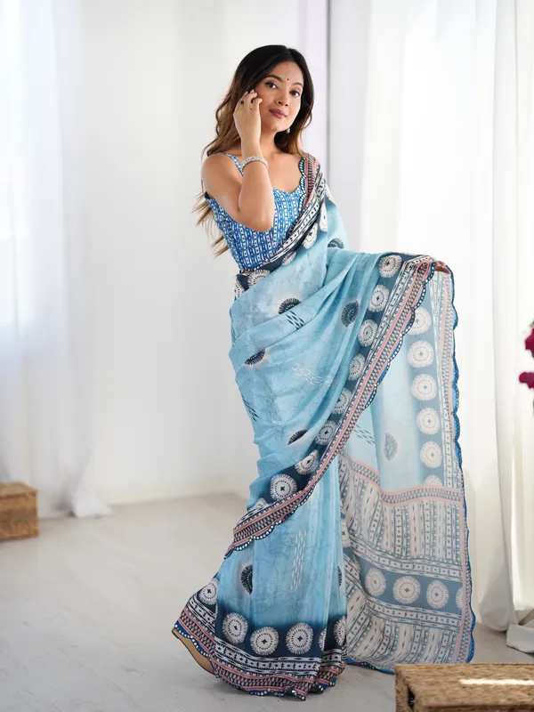 Women's Sky Blue Printed Chinon Saree with Designer Border