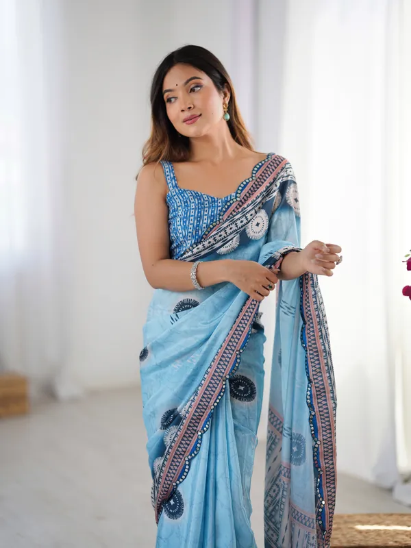Women's Sky Blue Printed Chinon Saree with Designer Border