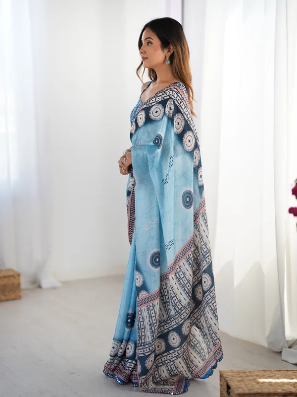 Women's Sky Blue Printed Chinon Saree with Designer Border