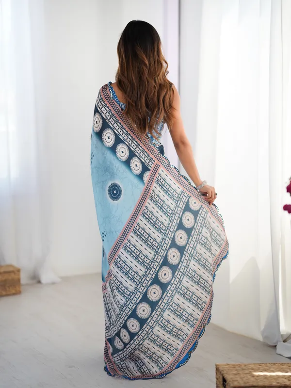 Women's Sky Blue Printed Chinon Saree with Designer Border