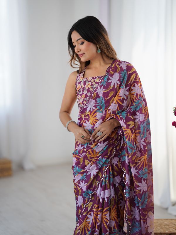 Elegant Wine Printed Chinon Saree with Fancy Border