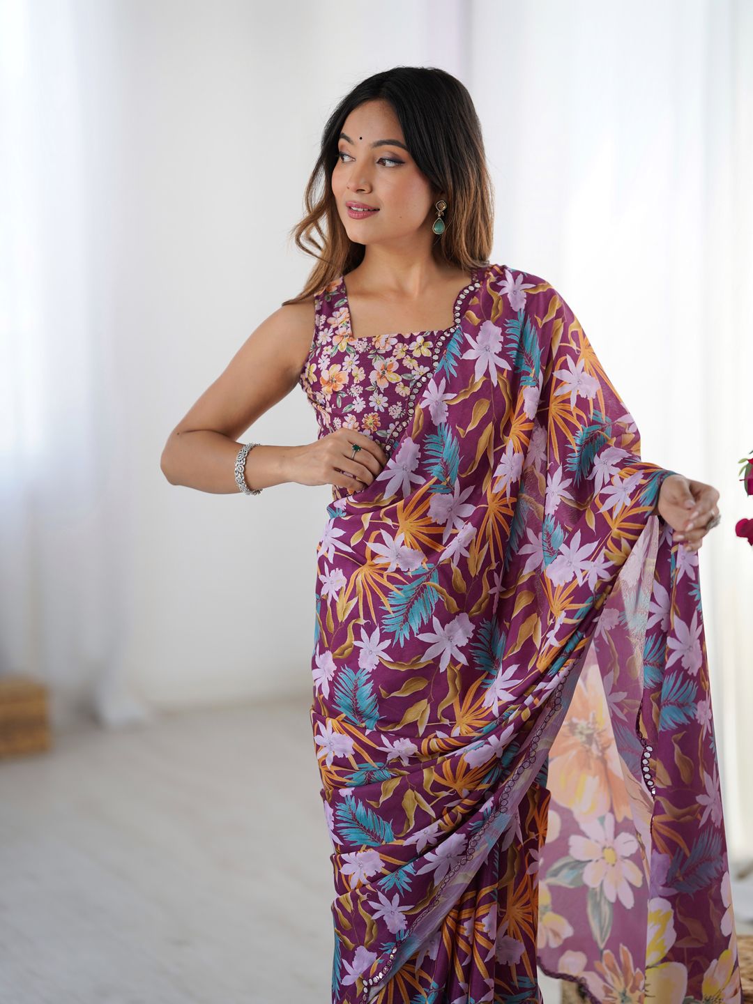 Elegant Wine Printed Chinon Saree with Fancy Border