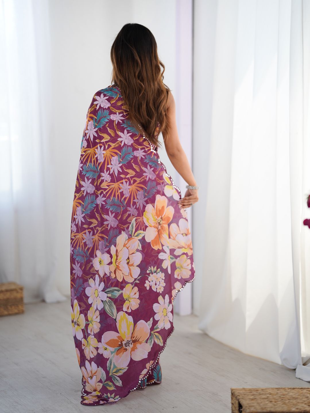 Elegant Wine Printed Chinon Saree with Fancy Border