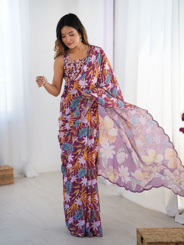 Elegant Wine Printed Chinon Saree with Fancy Border