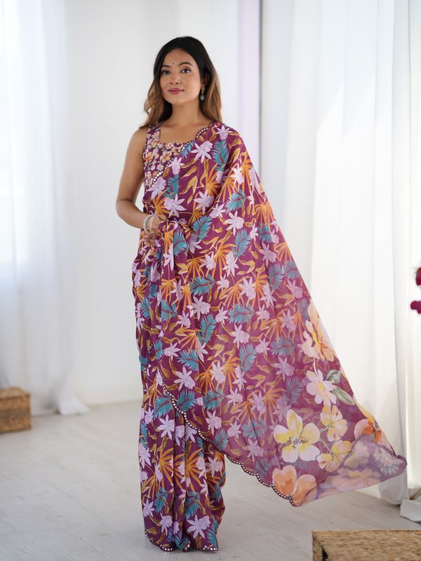 Elegant Wine Printed Chinon Saree with Fancy Border