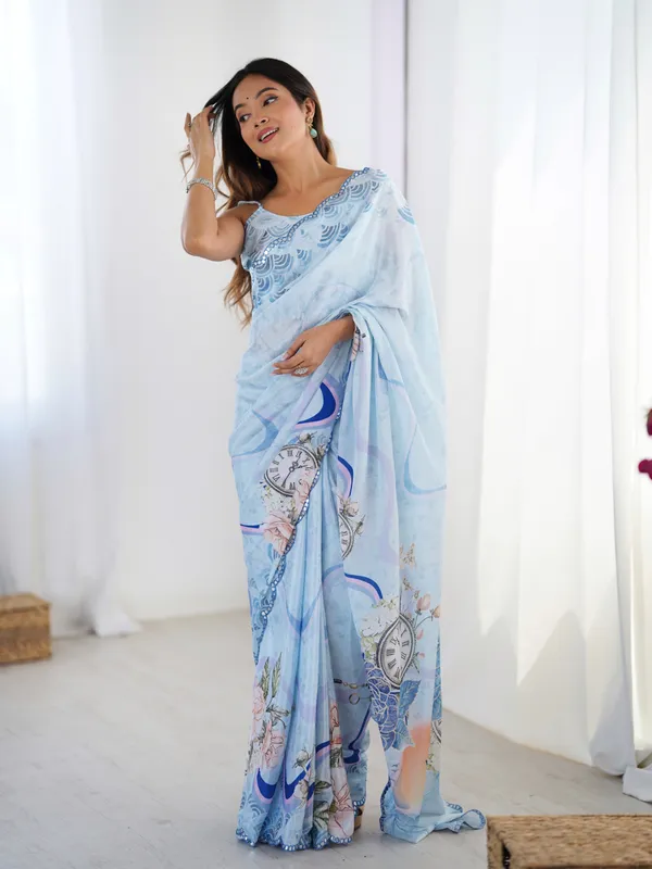 Sky Blue Vintage Print Heavy Chinon Saree with Blouse
