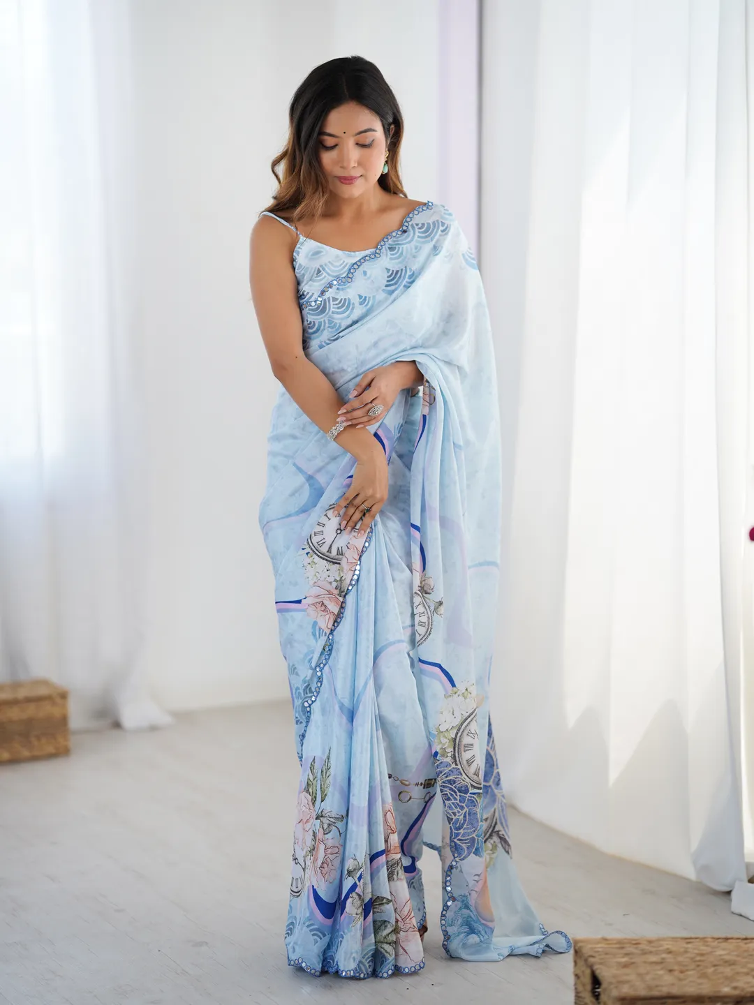 Sky Blue Vintage Print Heavy Chinon Saree with Blouse