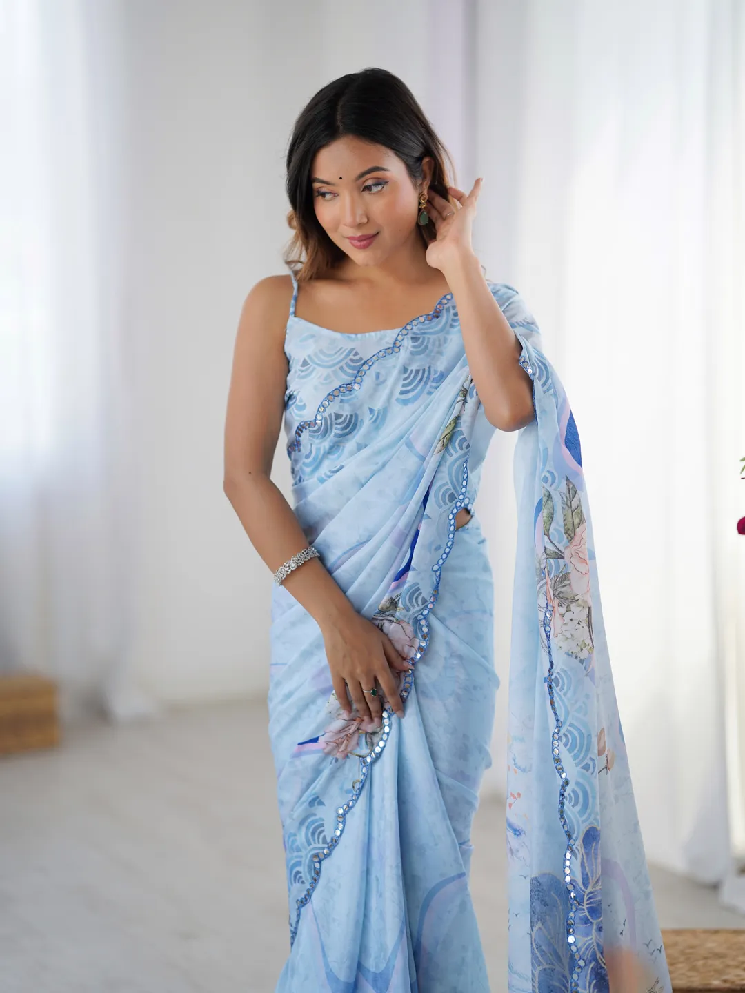 Sky Blue Vintage Print Heavy Chinon Saree with Blouse