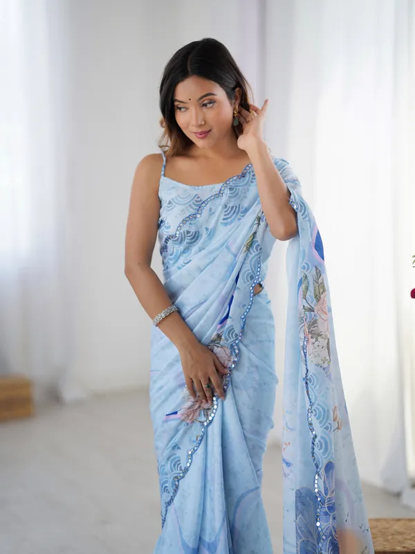 Sky Blue Vintage Print Heavy Chinon Saree with Blouse