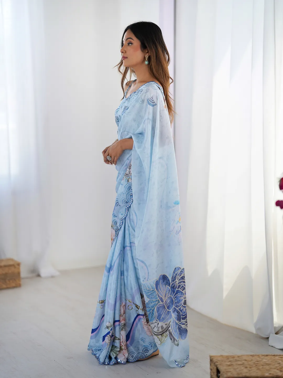 Sky Blue Vintage Print Heavy Chinon Saree with Blouse