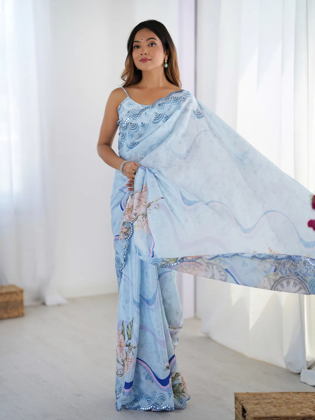 Sky Blue Vintage Print Heavy Chinon Saree with Blouse
