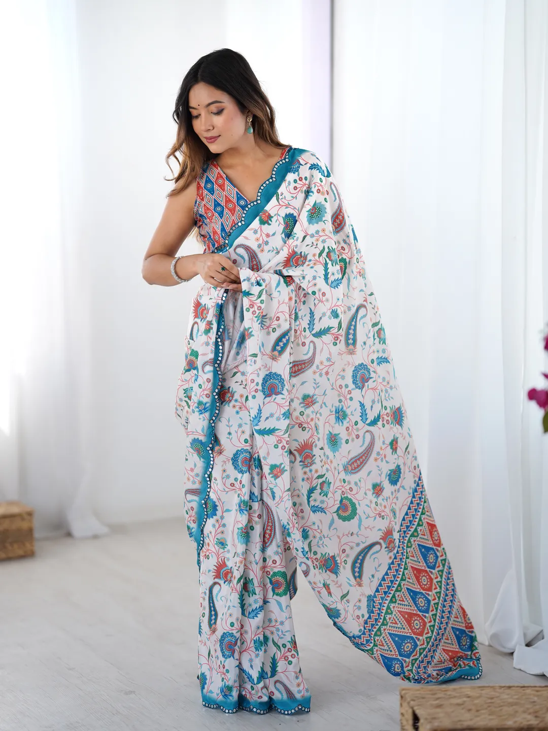 Designer Ivory Heavy Chinon Saree with Mirror Border