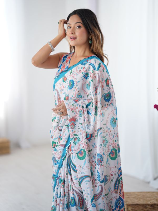 Designer Ivory Heavy Chinon Saree with Mirror Border