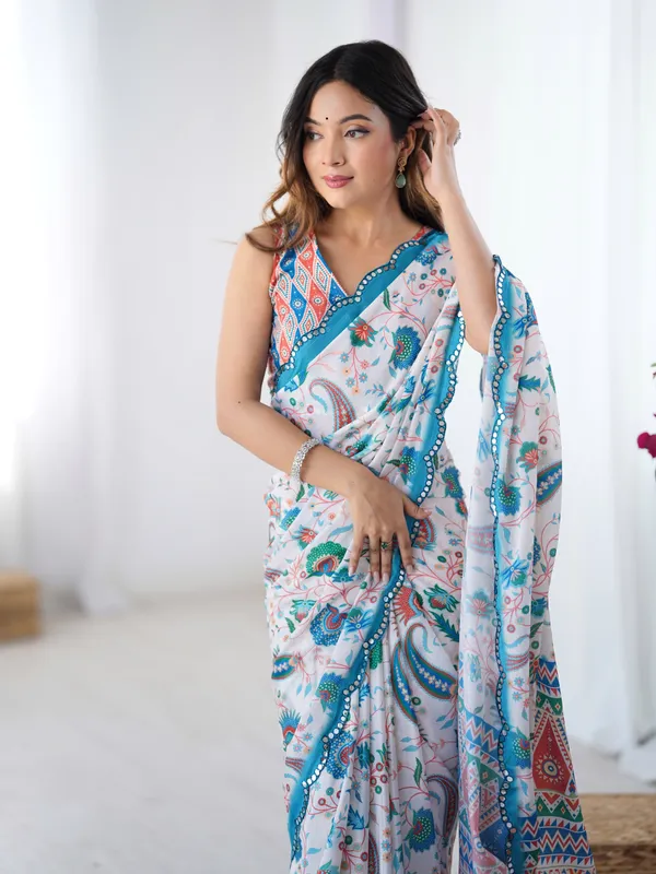 Designer Ivory Heavy Chinon Saree with Mirror Border