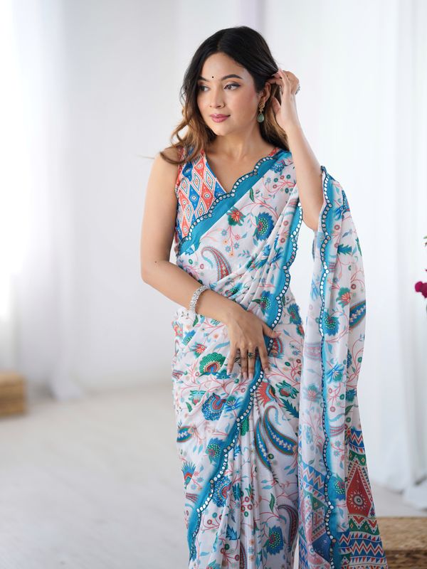 Designer Ivory Heavy Chinon Saree with Mirror Border