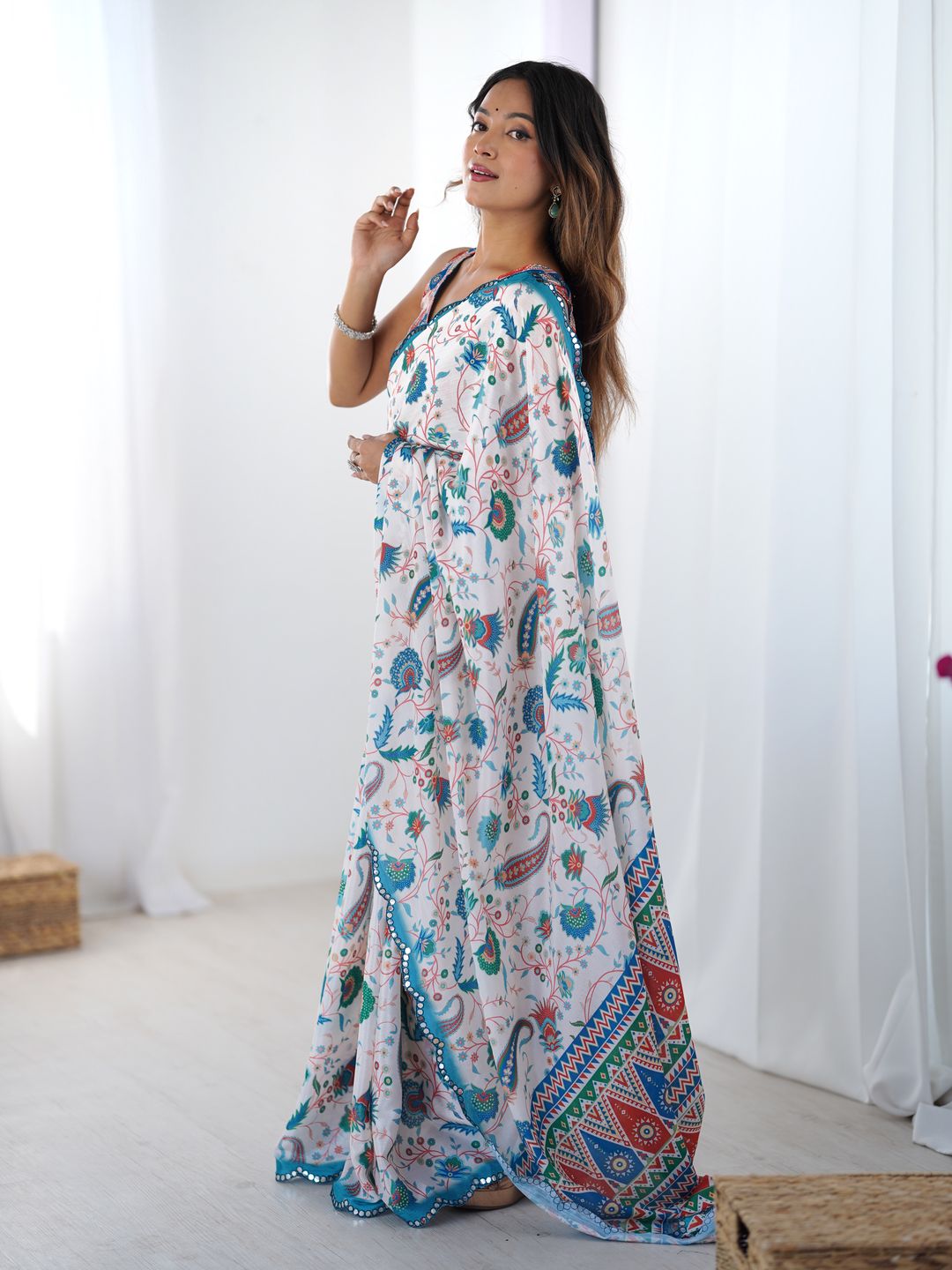 Designer Ivory Heavy Chinon Saree with Mirror Border