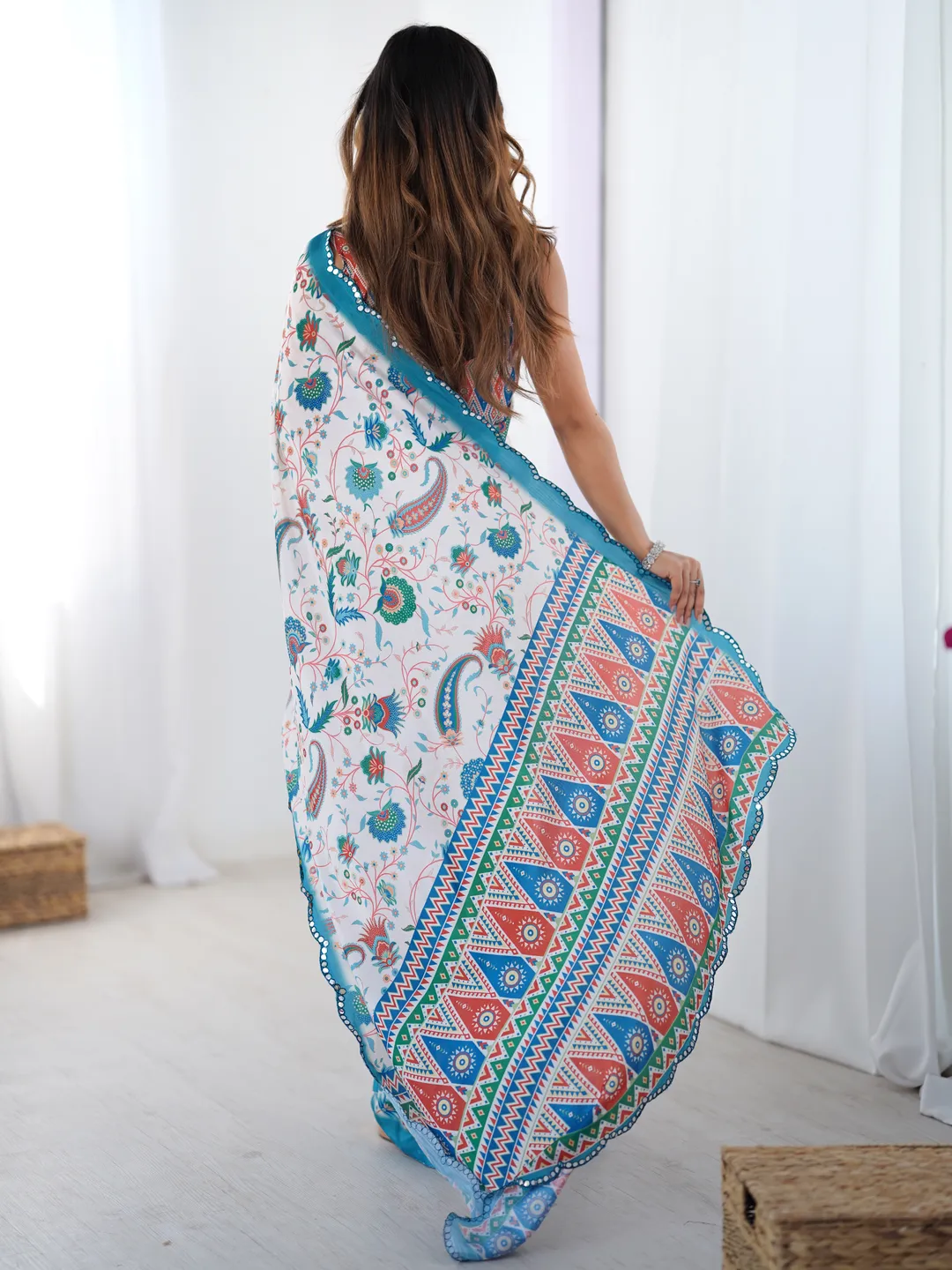 Designer Ivory Heavy Chinon Saree with Mirror Border