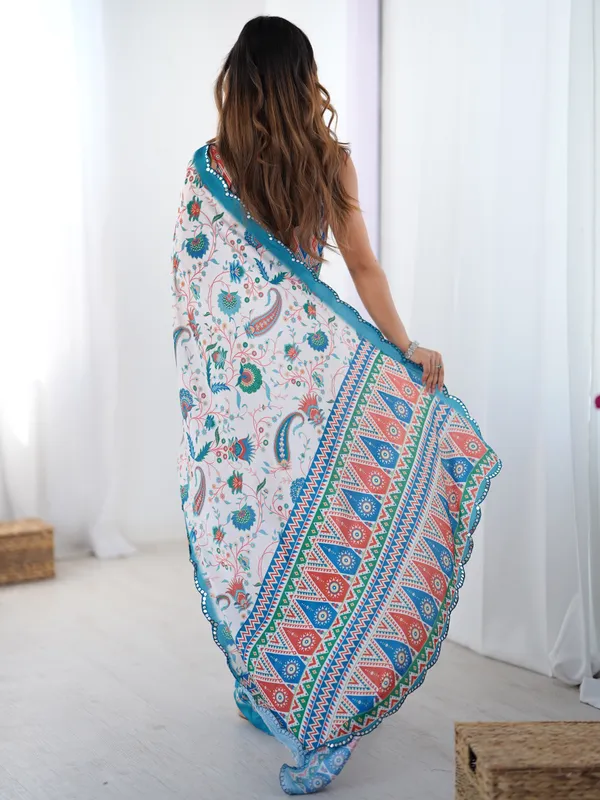 Designer Ivory Heavy Chinon Saree with Mirror Border