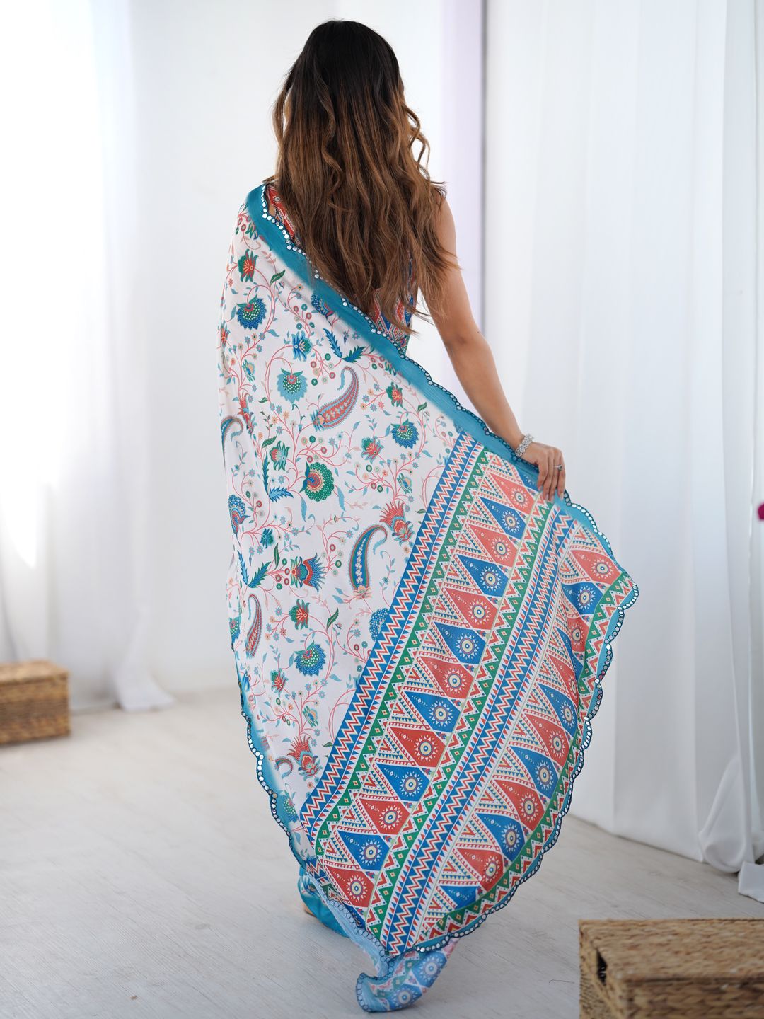 Designer Ivory Heavy Chinon Saree with Mirror Border