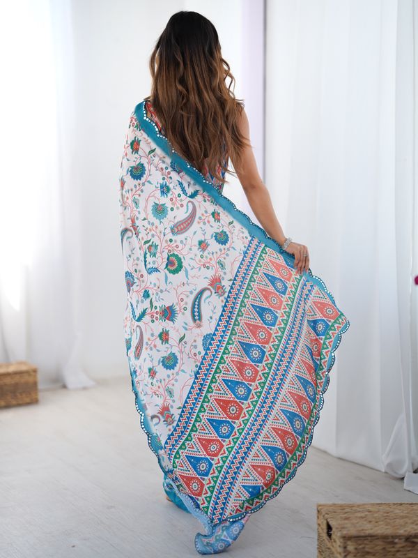 Designer Ivory Heavy Chinon Saree with Mirror Border