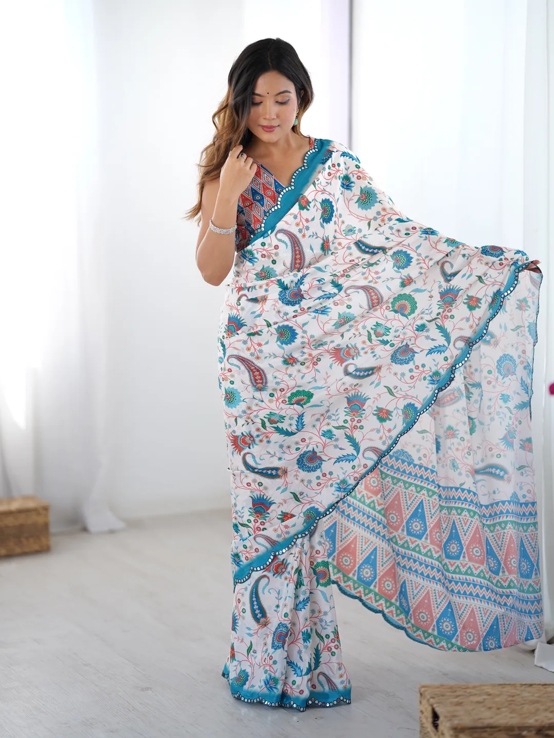 Designer Ivory Heavy Chinon Saree with Mirror Border