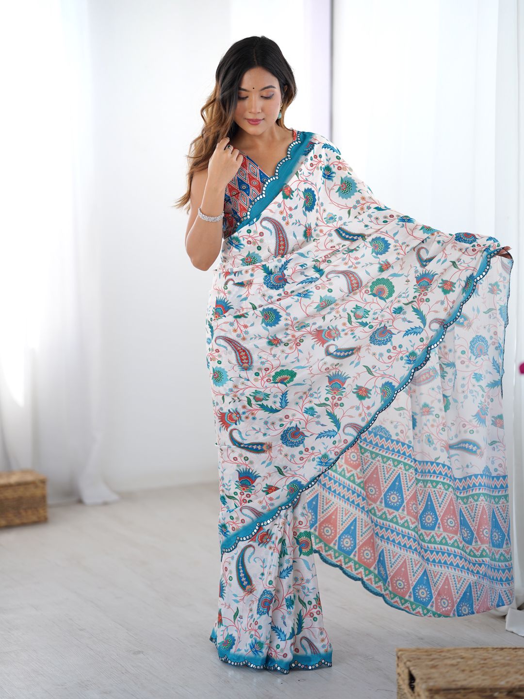 Designer Ivory Heavy Chinon Saree with Mirror Border