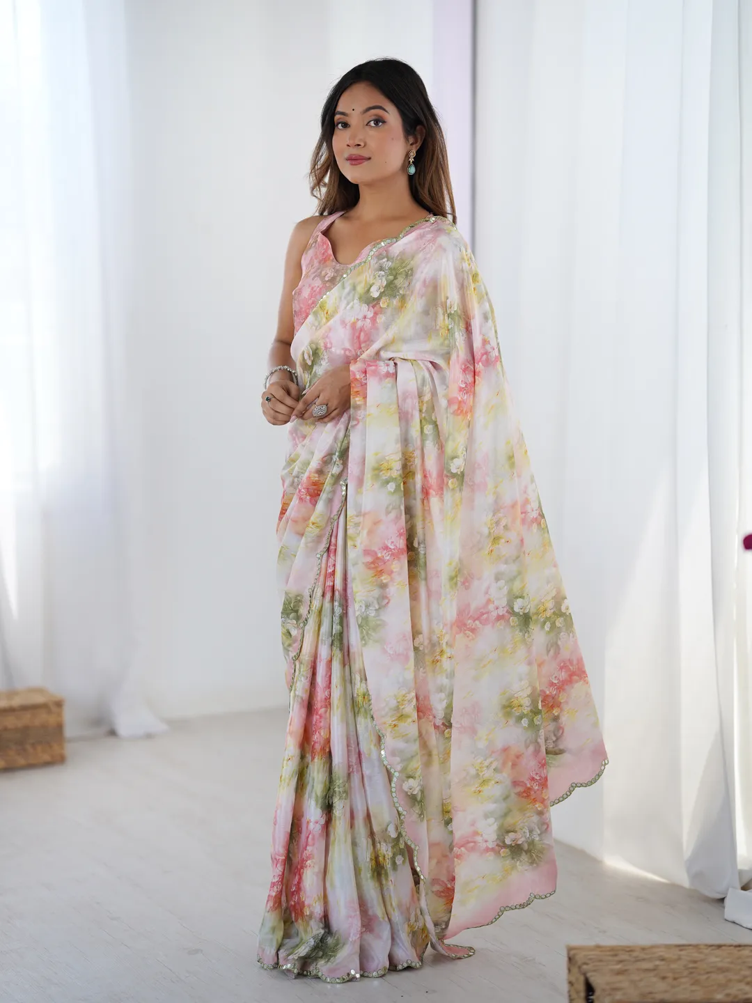 Blush Floral Heavy Chinon Saree with Blouse