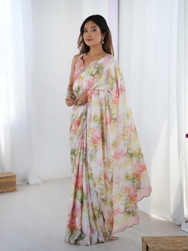 Blush Floral Heavy Chinon Saree with Blouse