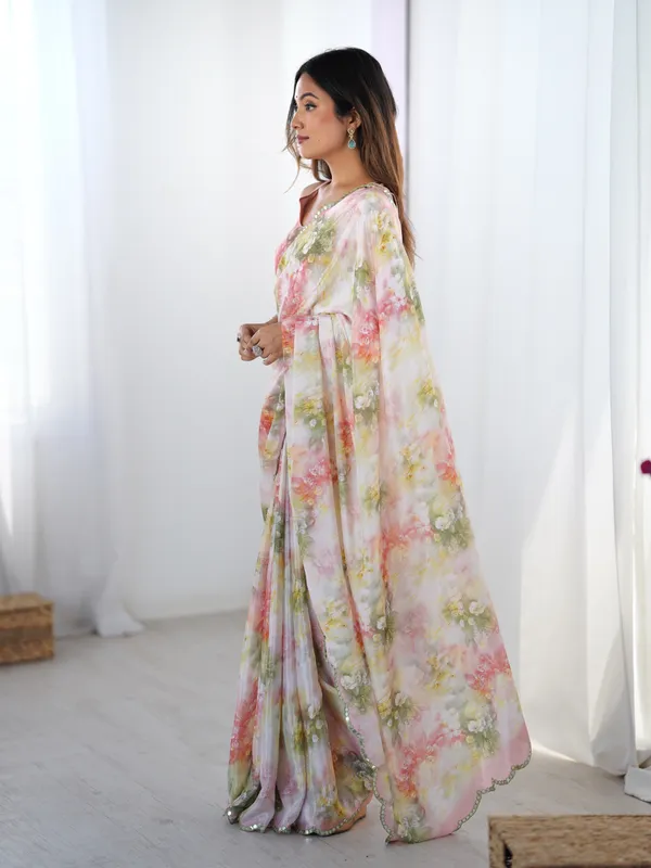 Blush Floral Heavy Chinon Saree with Blouse