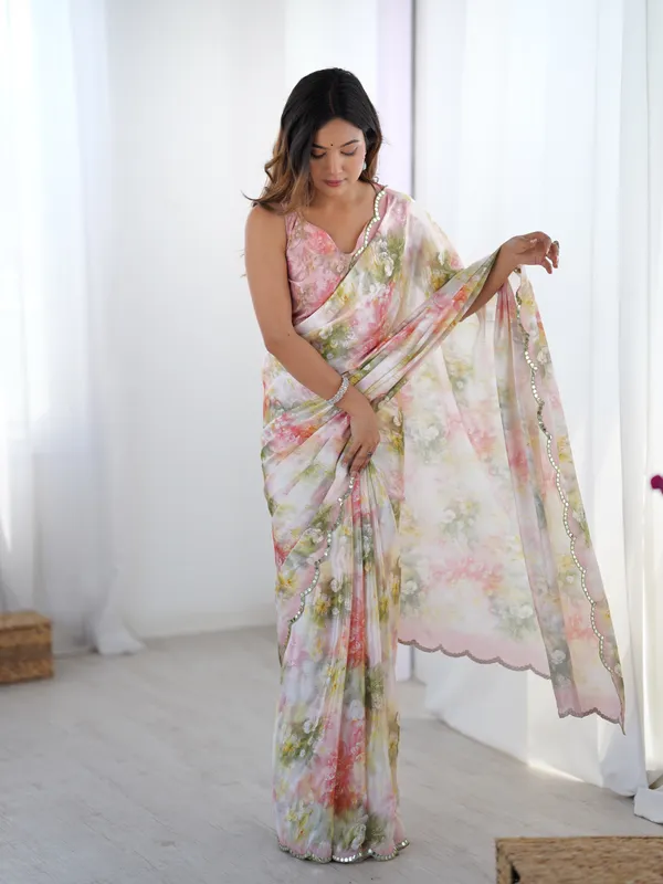 Blush Floral Heavy Chinon Saree with Blouse