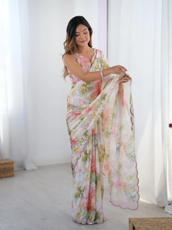 Blush Floral Heavy Chinon Saree with Blouse