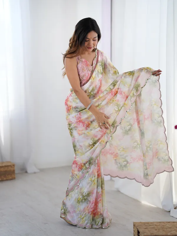 Blush Floral Heavy Chinon Saree with Blouse