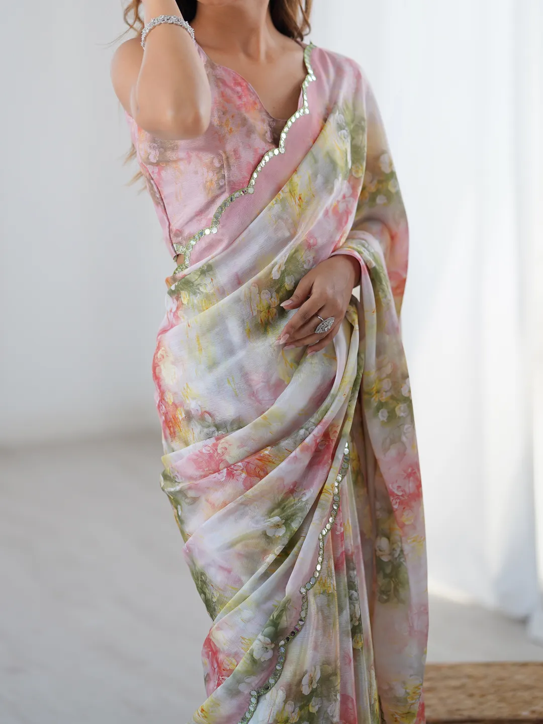 Blush Floral Heavy Chinon Saree with Blouse