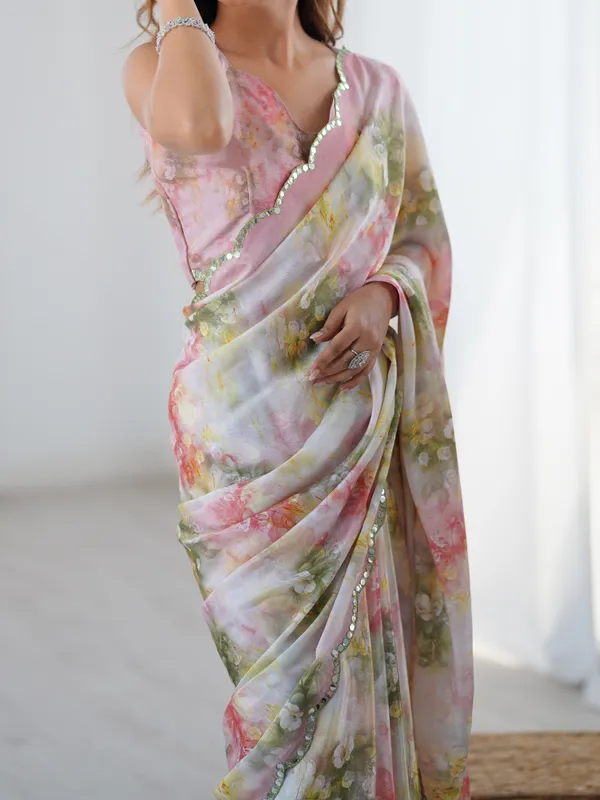 Blush Floral Heavy Chinon Saree with Blouse