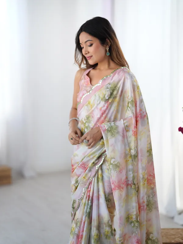 Blush Floral Heavy Chinon Saree with Blouse