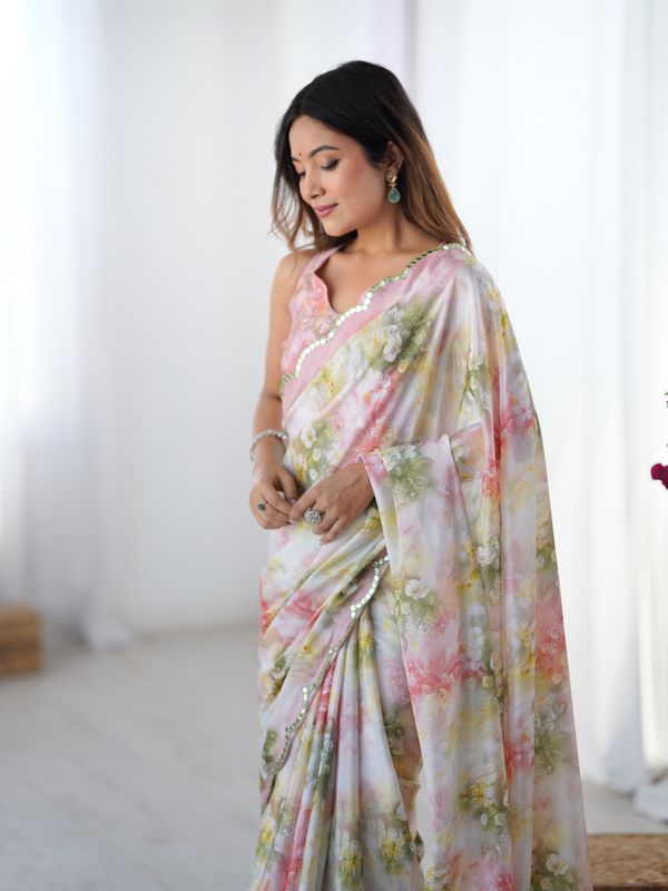 Blush Floral Heavy Chinon Saree with Blouse