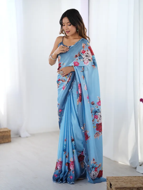 Premium Sky Blue Party Wear Chinon Saree