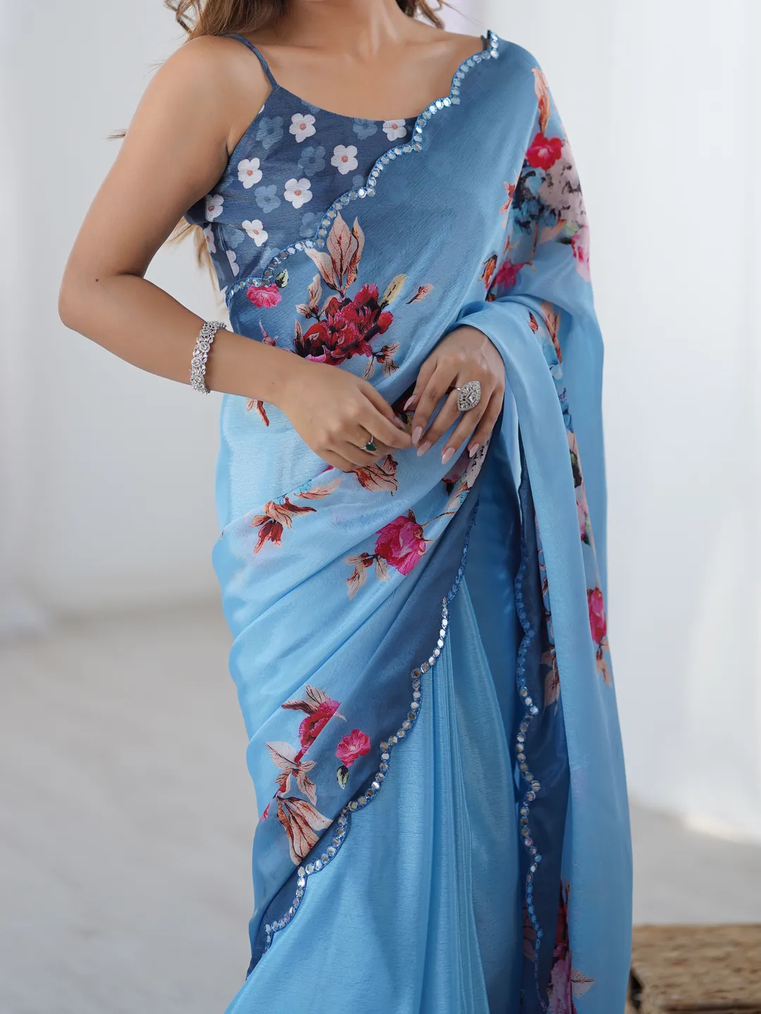 Premium Sky Blue Party Wear Chinon Saree