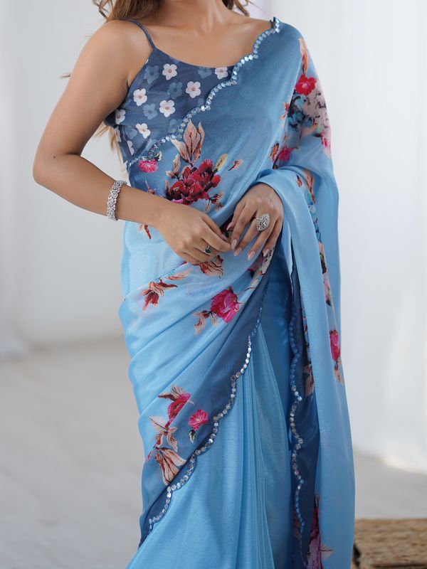 Premium Sky Blue Party Wear Chinon Saree