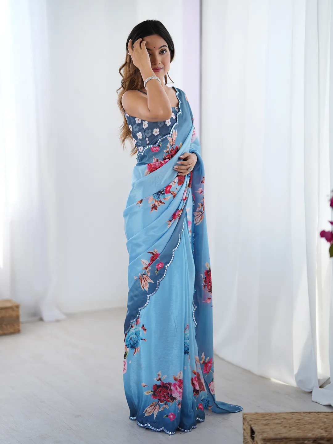 Premium Sky Blue Party Wear Chinon Saree