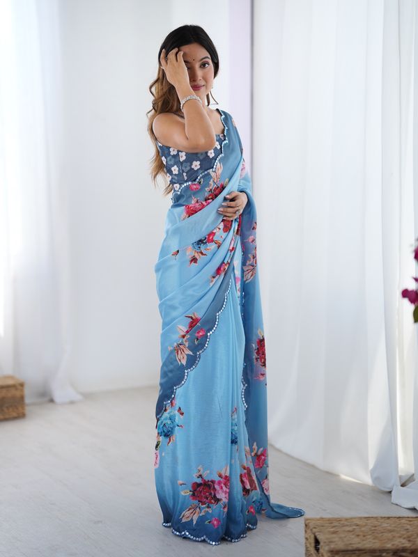 Premium Sky Blue Party Wear Chinon Saree