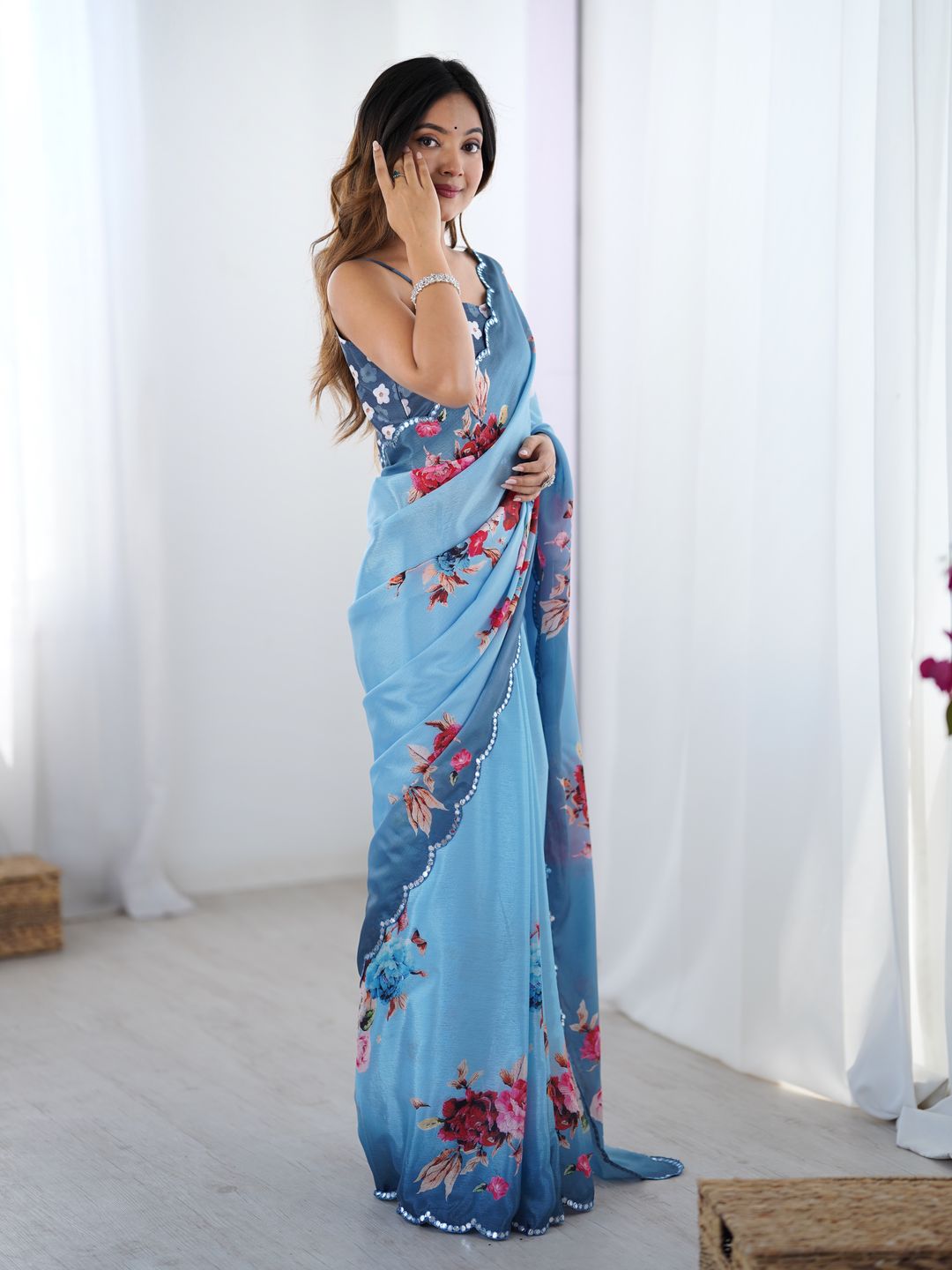 Premium Sky Blue Party Wear Chinon Saree
