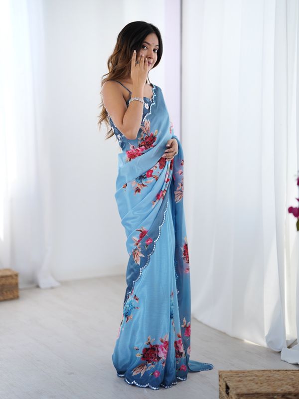 Premium Sky Blue Party Wear Chinon Saree