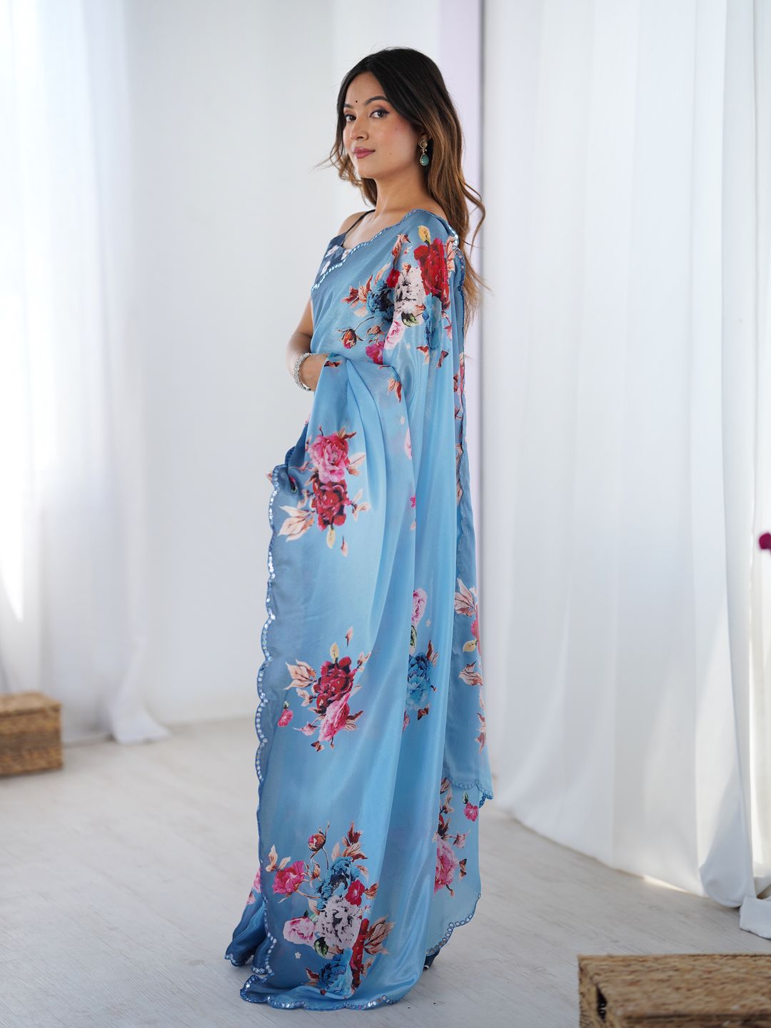 Premium Sky Blue Party Wear Chinon Saree
