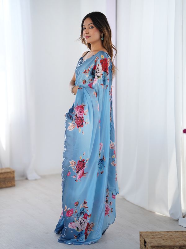 Premium Sky Blue Party Wear Chinon Saree