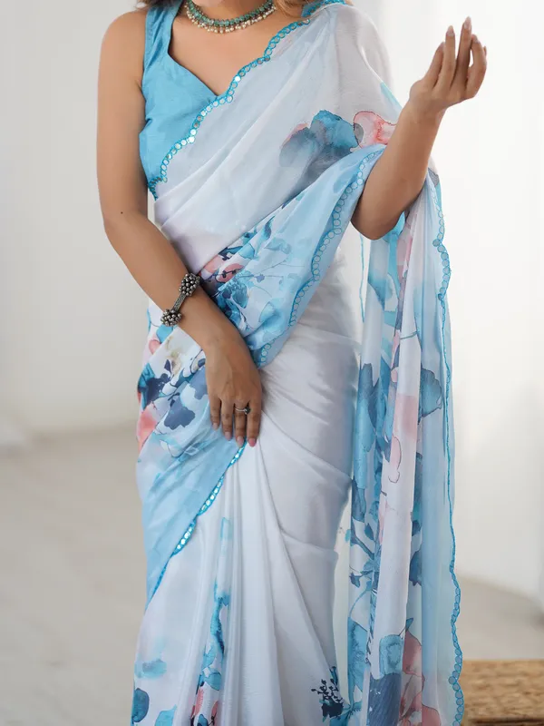 Elegant Aqua Printed Heavy Chinon Saree