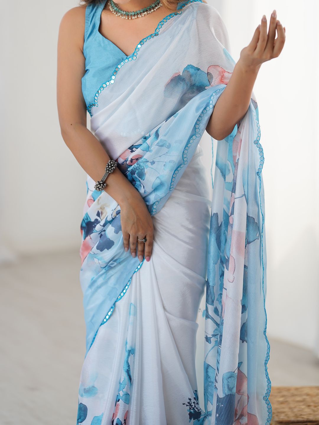 Elegant Aqua Printed Heavy Chinon Saree