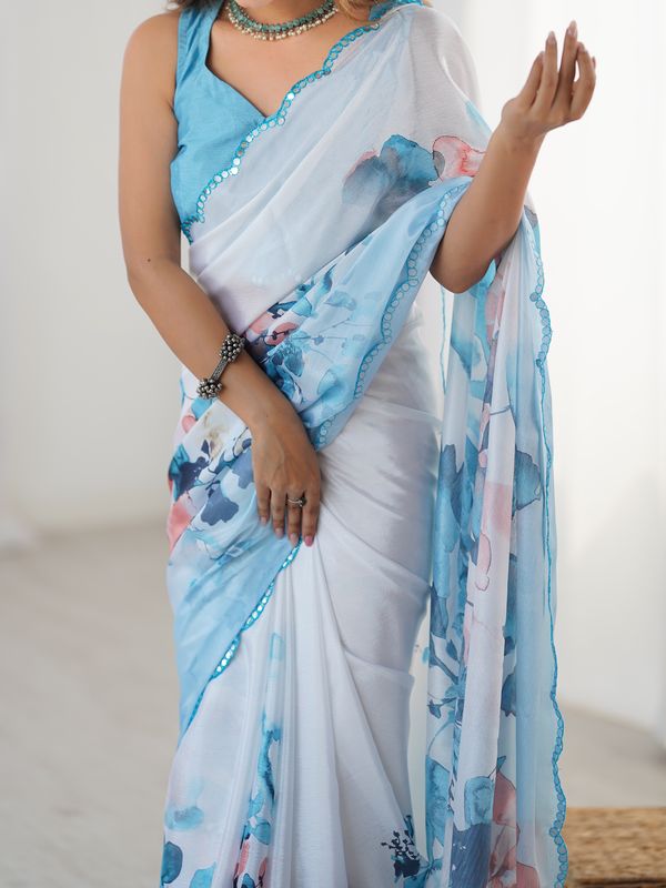 Elegant Aqua Printed Heavy Chinon Saree