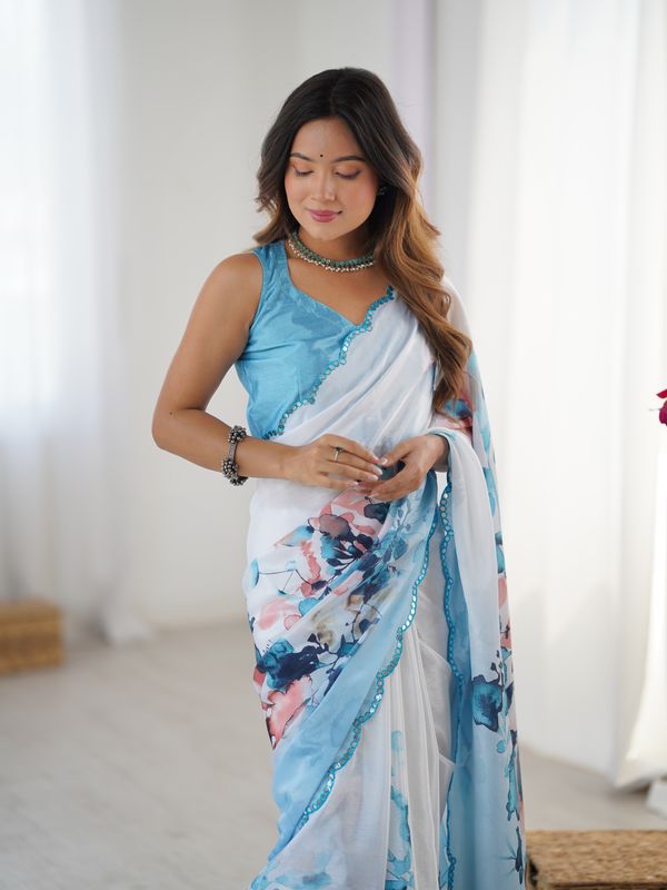 Elegant Aqua Printed Heavy Chinon Saree
