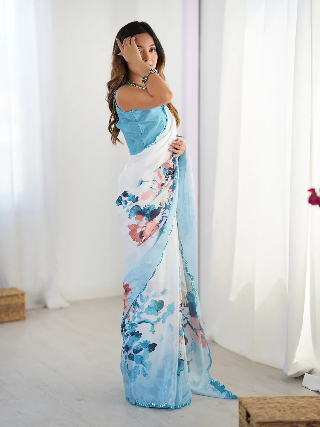 Elegant Aqua Printed Heavy Chinon Saree